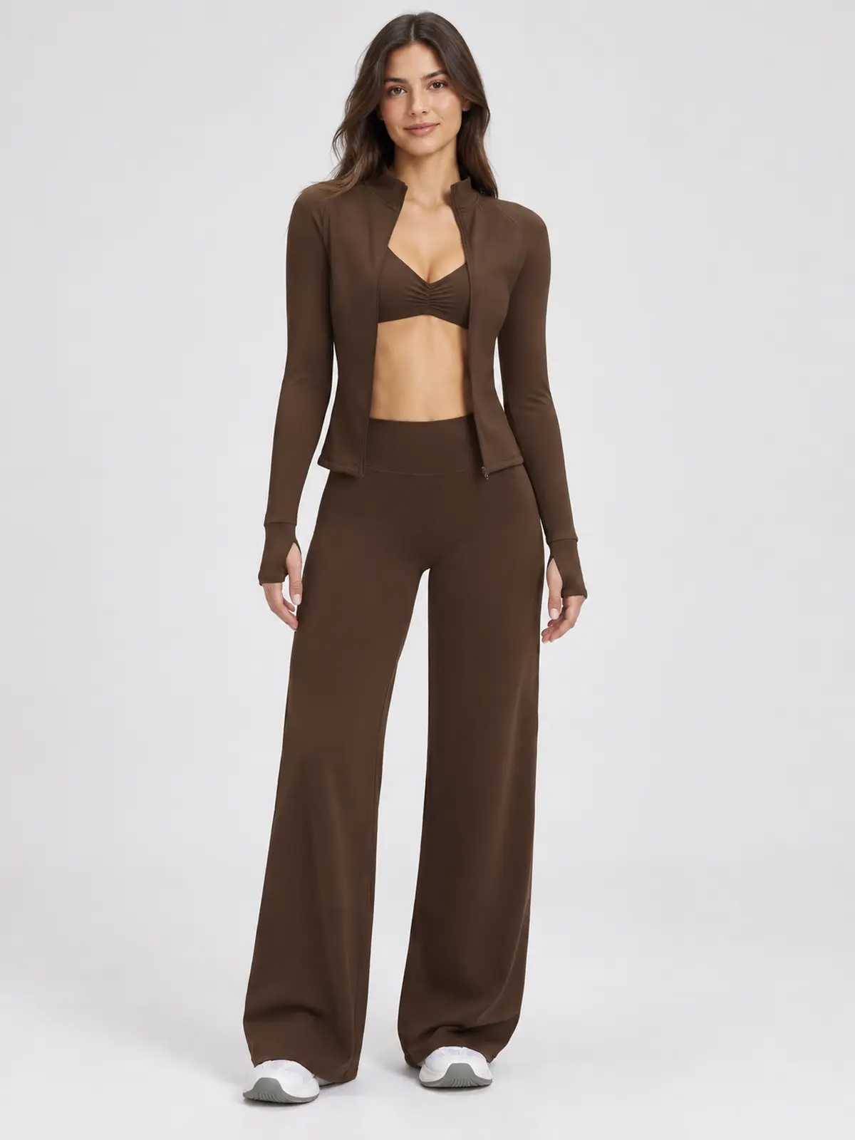 Parlor Ember Zip-Front Jacket, Sports Bra and Flare Leggings Set — dark coffee brown — general — authoritative variation match
