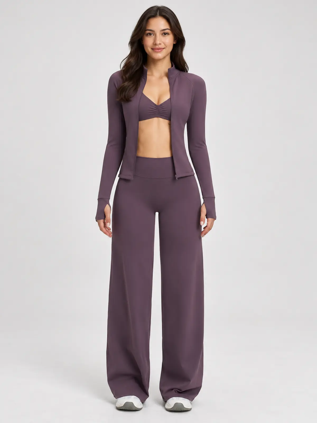 Parlor Ember Zip-Front Jacket, Sports Bra and Flare Leggings Set — dark muted purple — general — authoritative variation match