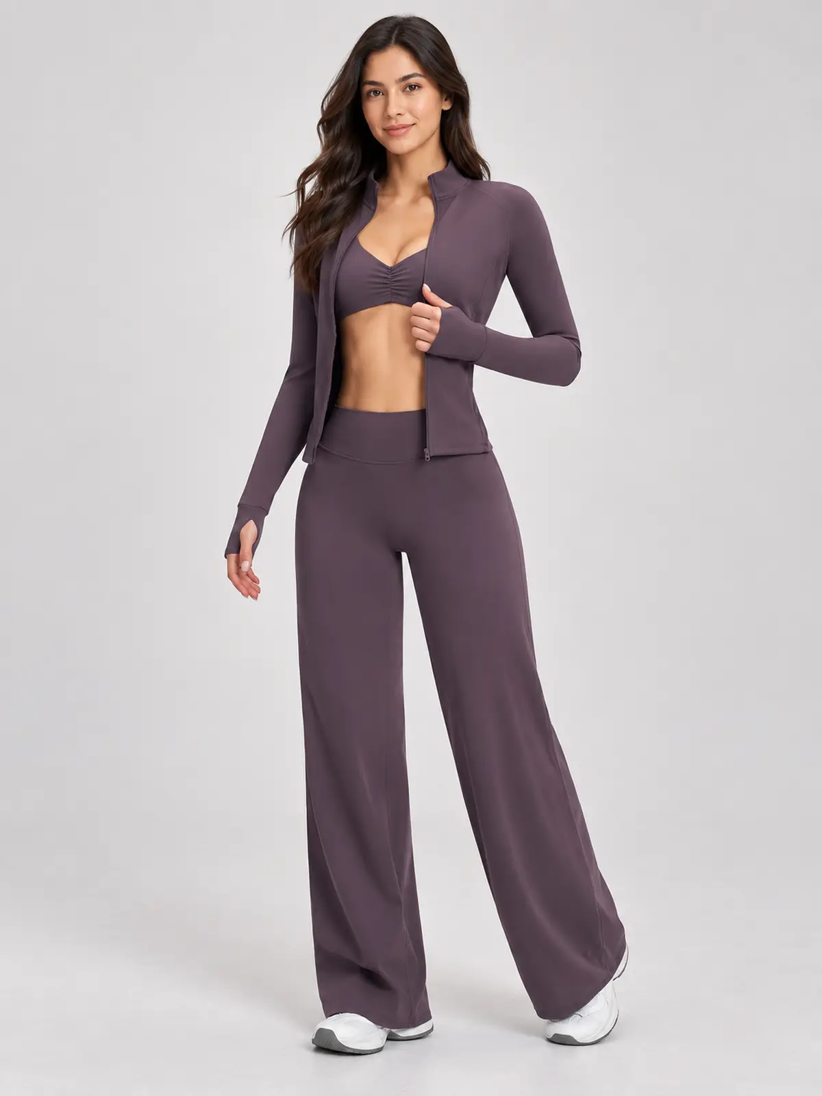 Parlor Ember Zip-Front Jacket, Sports Bra and Flare Leggings Set — dark muted purple — general — authoritative variation match