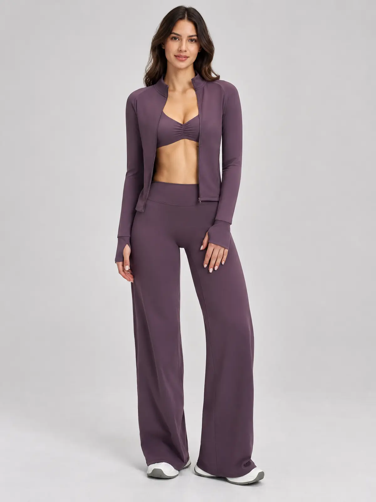 Parlor Ember Zip-Front Jacket, Sports Bra and Flare Leggings Set — dark muted purple — general — authoritative variation match