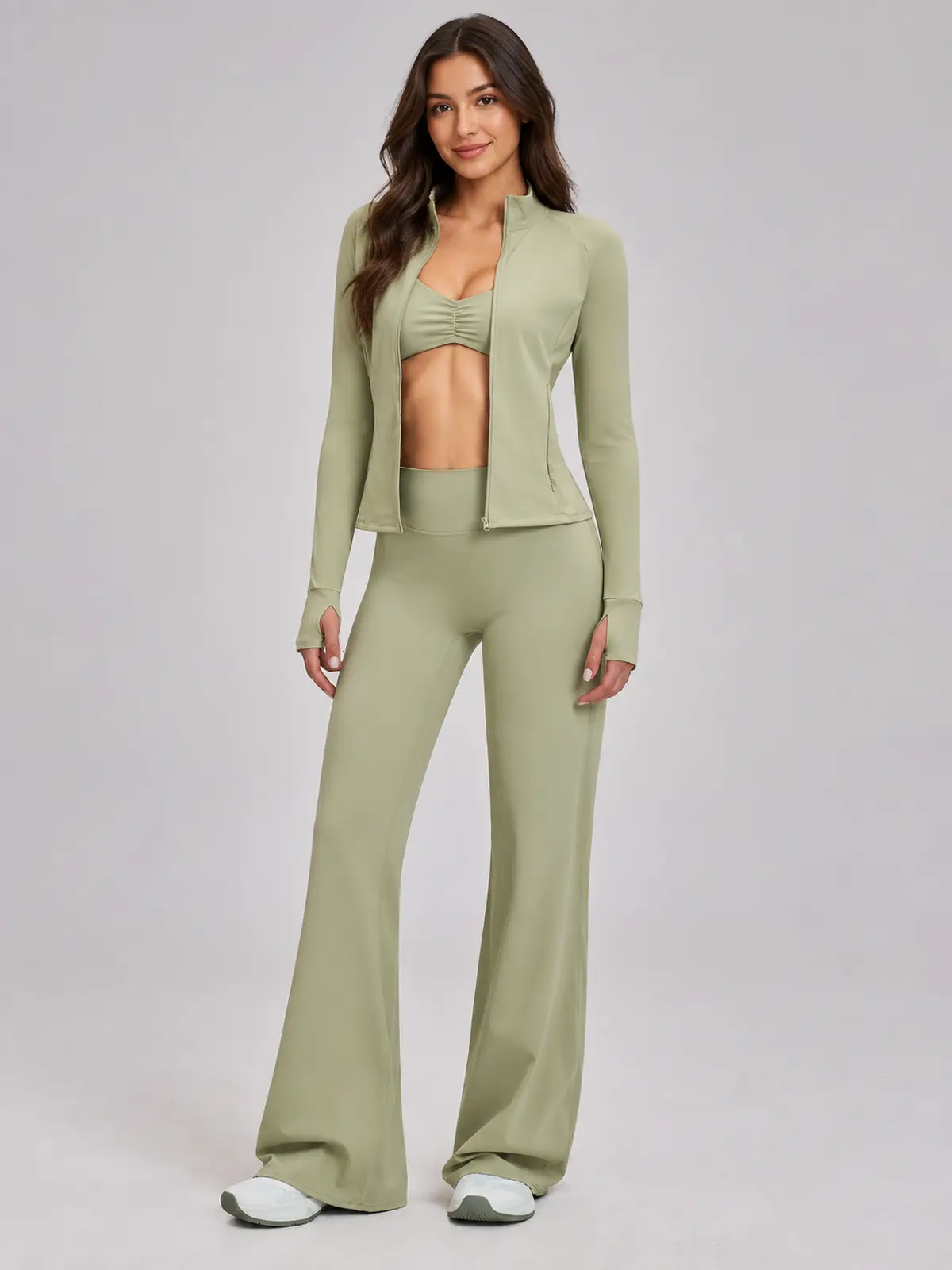 Parlor Ember Zip-Front Jacket, Sports Bra and Flare Leggings Set — moss green — general — assigned human anchor cluster