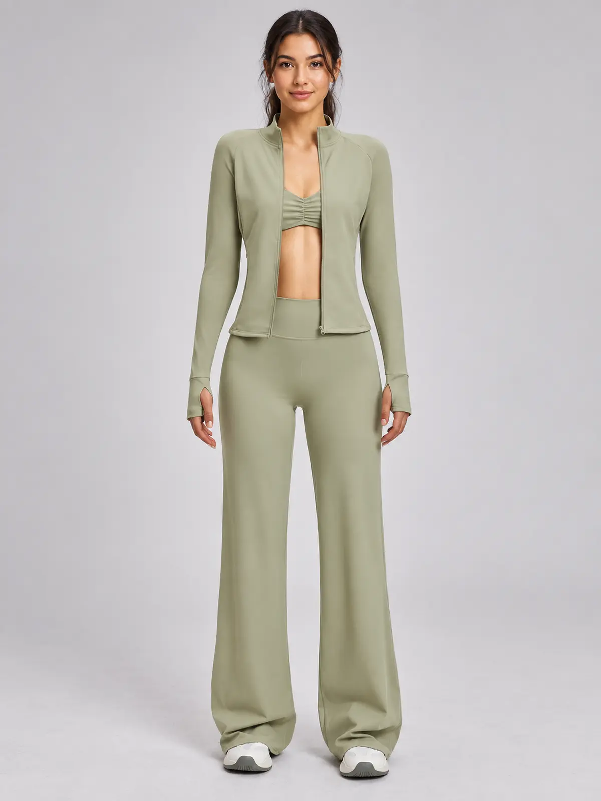 Parlor Ember Zip-Front Jacket, Sports Bra and Flare Leggings Set — moss green — general — authoritative variation image