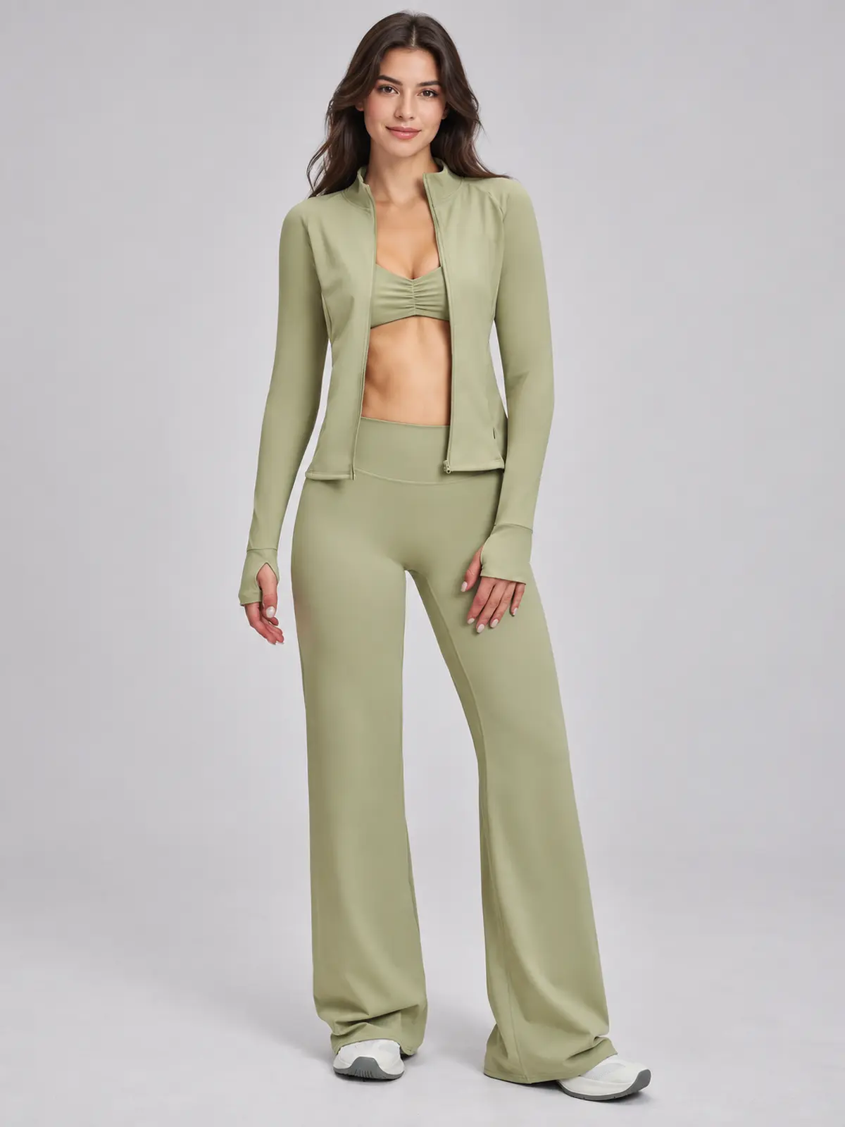 Parlor Ember Zip-Front Jacket, Sports Bra and Flare Leggings Set — moss green — general — authoritative variation match