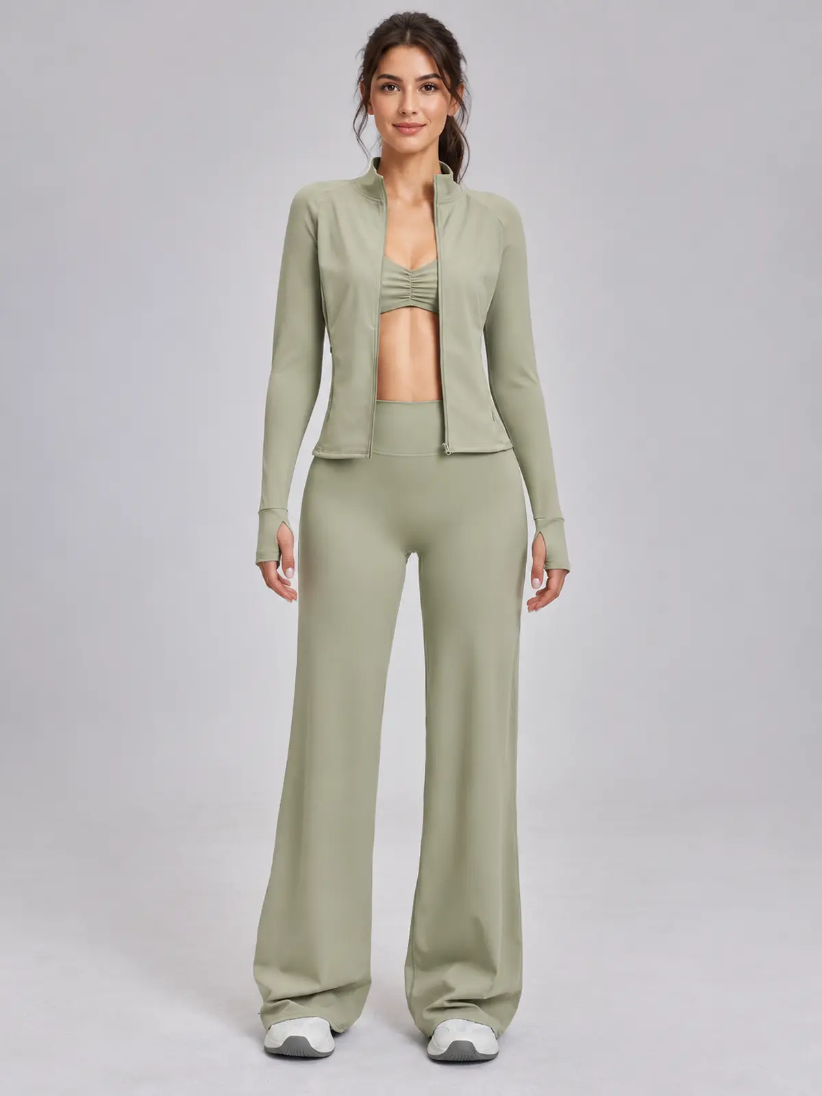 Parlor Ember Zip-Front Jacket, Sports Bra and Flare Leggings Set — moss green — general — authoritative variation match