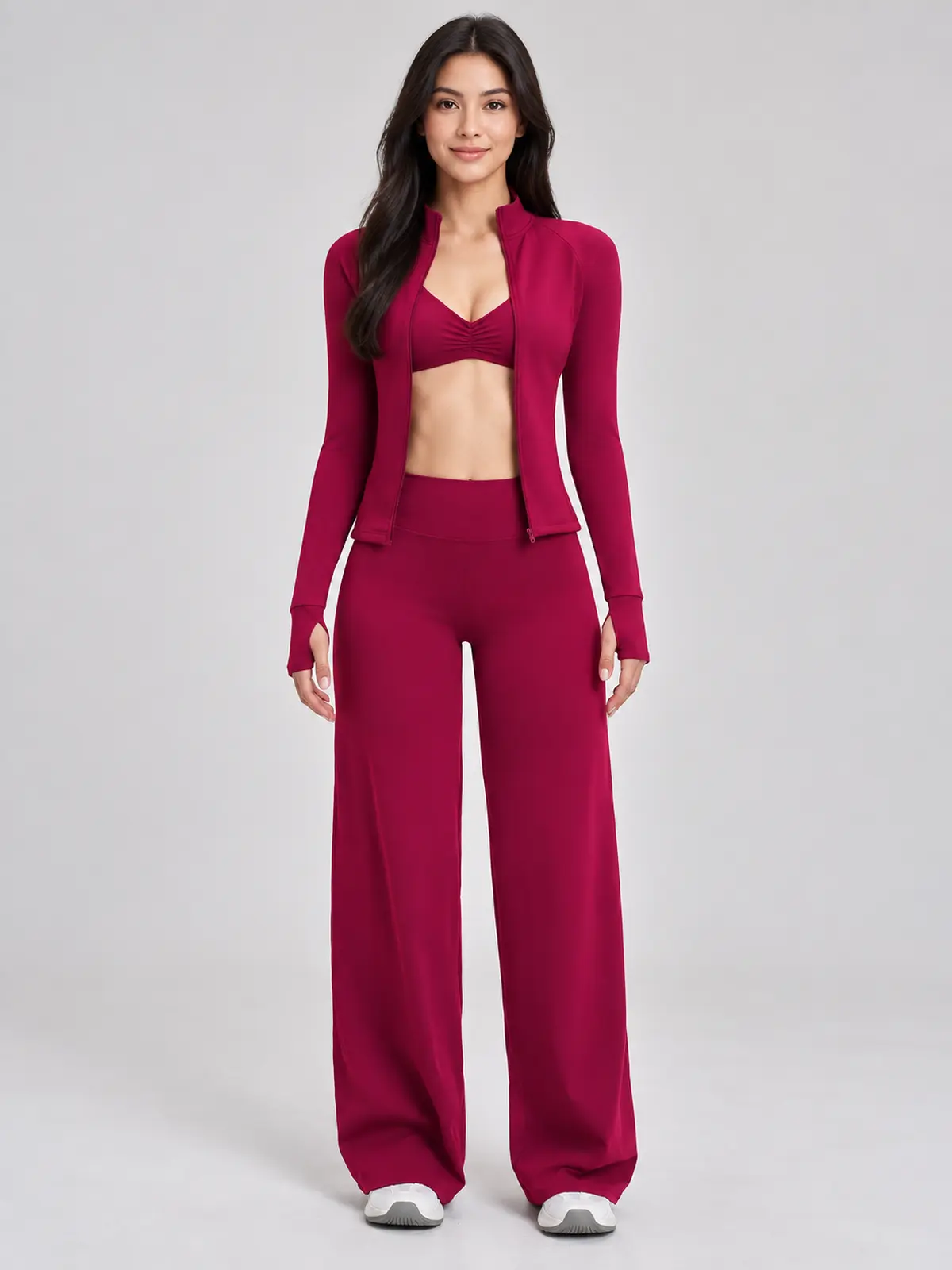Parlor Ember Zip-Front Jacket, Sports Bra and Flare Leggings Set — raspberry red — general — authoritative variation image
