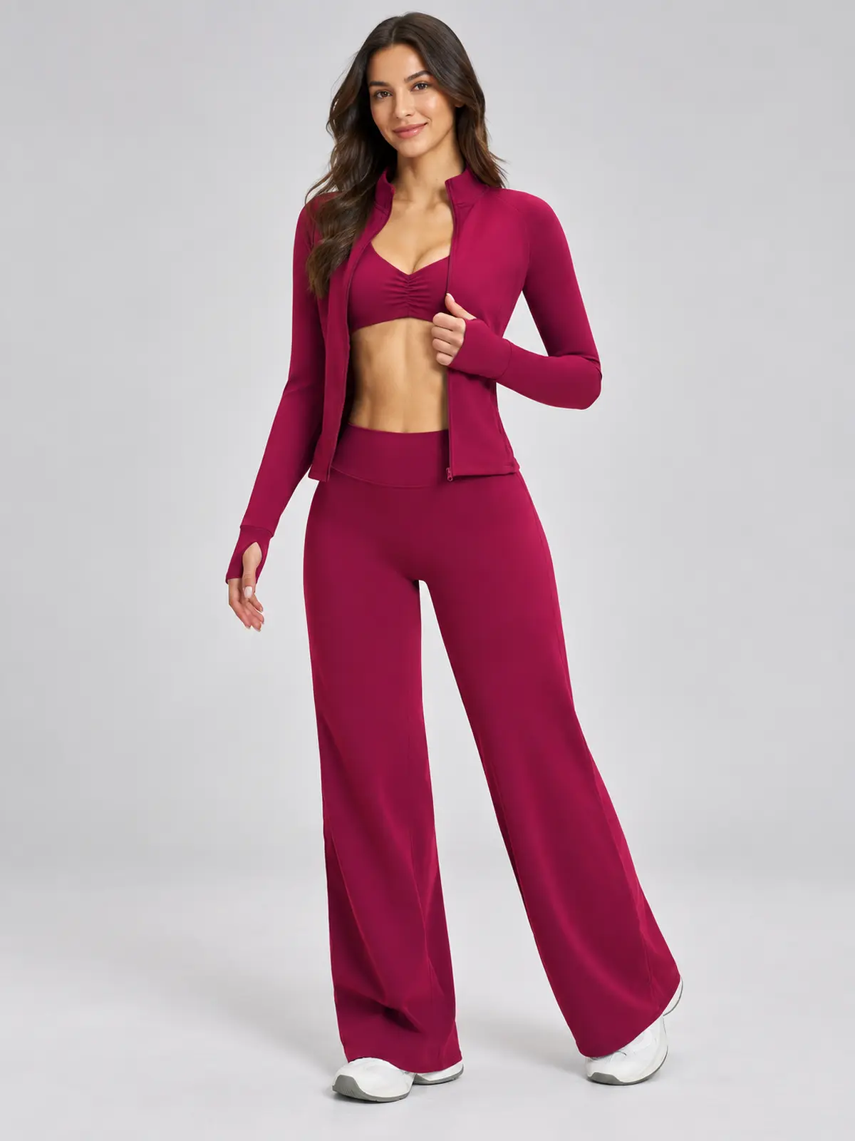 Parlor Ember Zip-Front Jacket, Sports Bra and Flare Leggings Set — raspberry red — general — authoritative variation match