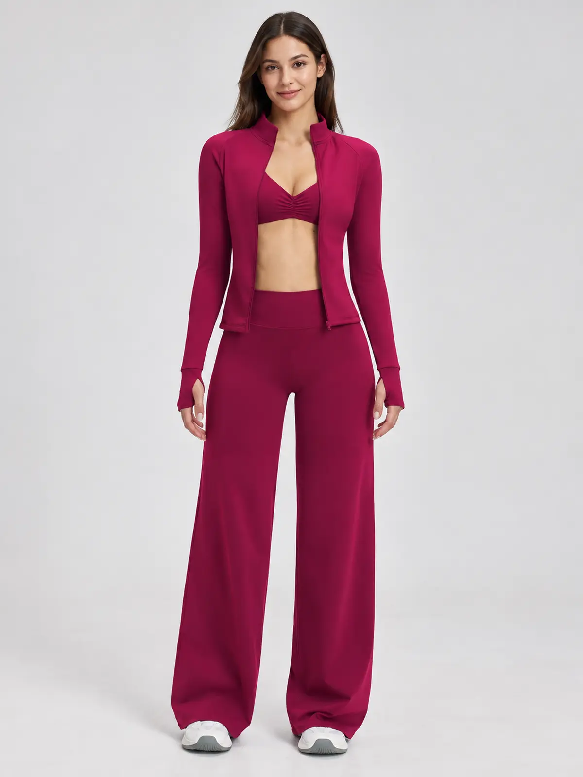 Parlor Ember Zip-Front Jacket, Sports Bra and Flare Leggings Set — raspberry red — general — authoritative variation match