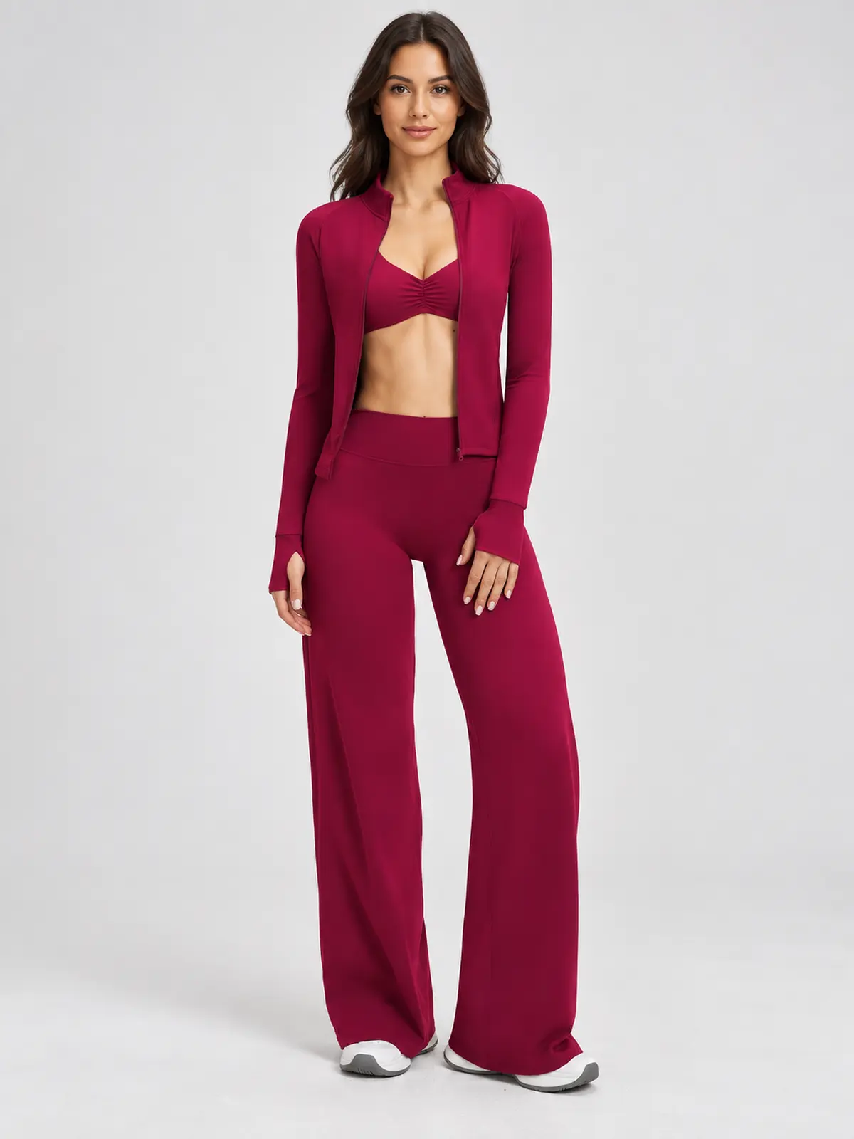 Parlor Ember Zip-Front Jacket, Sports Bra and Flare Leggings Set — raspberry red — general — authoritative variation match