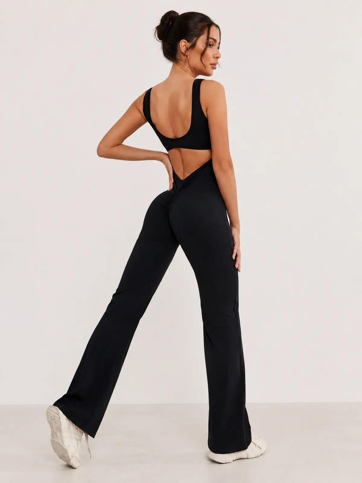 Pavilion Drift Sleeveless Open-Back Flared-Leg Yoga Jumpsuit — black — authoritative variation image