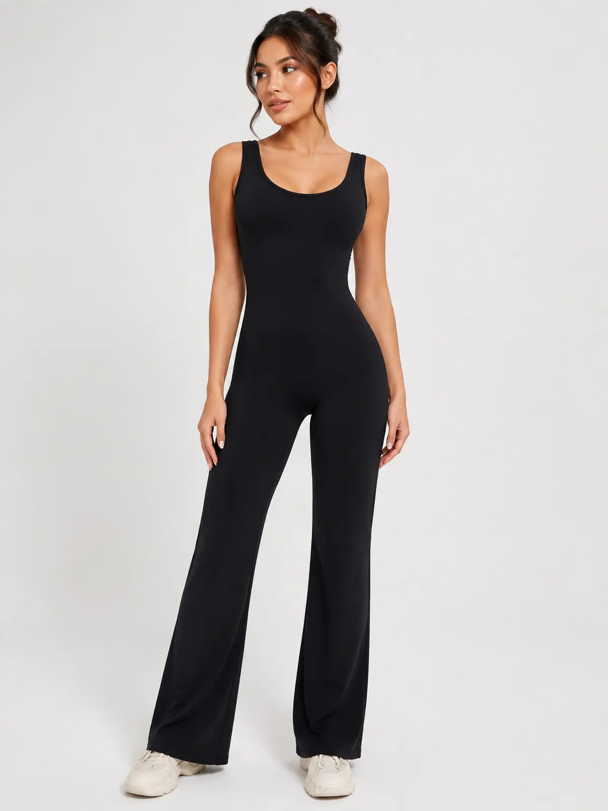 Pavilion Drift Sleeveless Open-Back Flared-Leg Yoga Jumpsuit — black — authoritative variation match