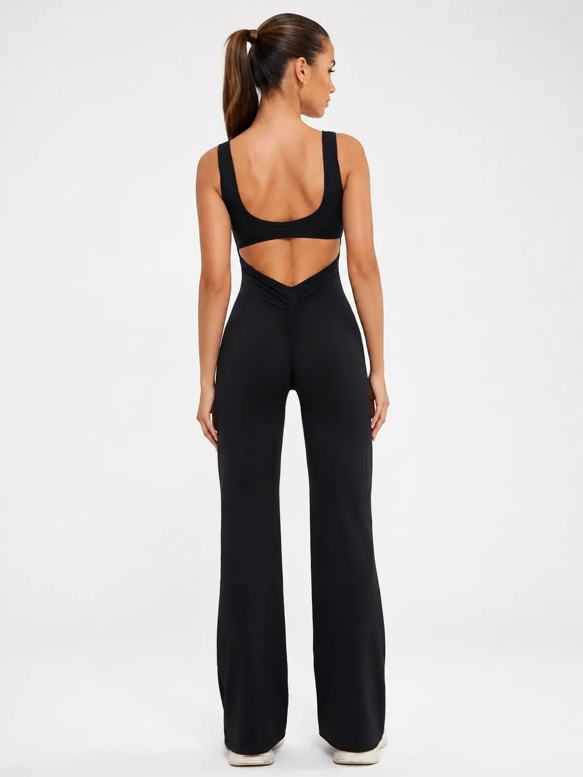 Pavilion Drift Sleeveless Open-Back Flared-Leg Yoga Jumpsuit — black — authoritative variation match