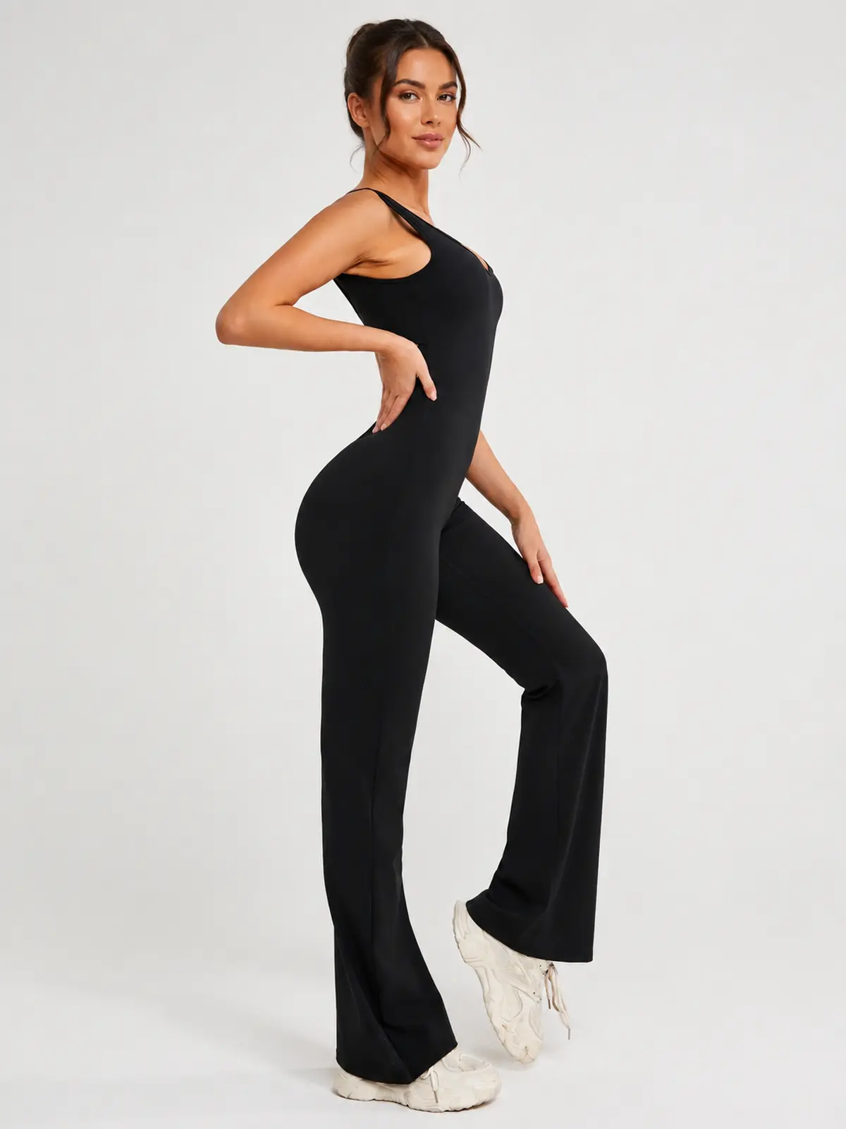 Pavilion Drift Sleeveless Open-Back Flared-Leg Yoga Jumpsuit — black — authoritative variation match