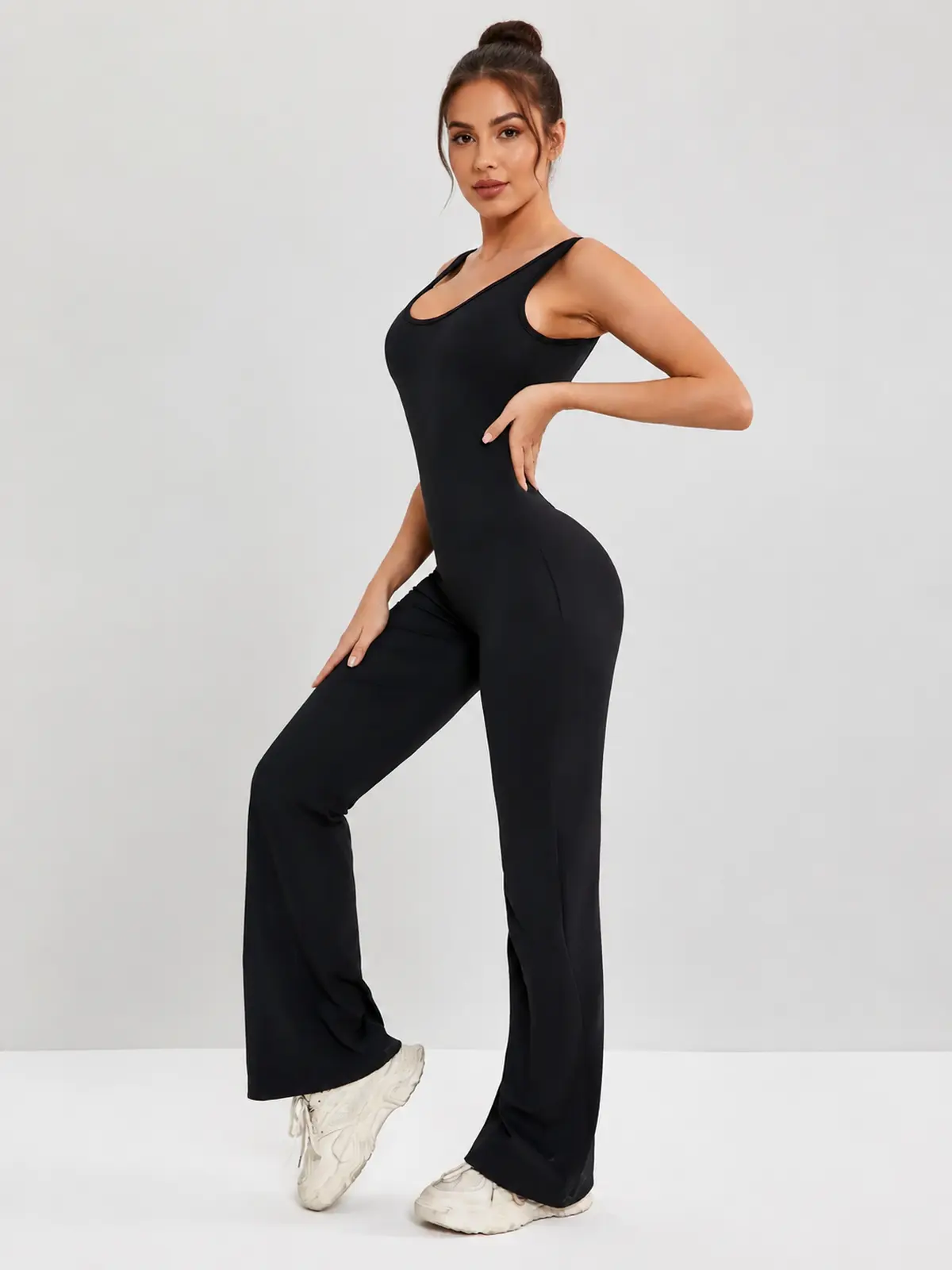 Pavilion Drift Sleeveless Open-Back Flared-Leg Yoga Jumpsuit — black — authoritative variation match