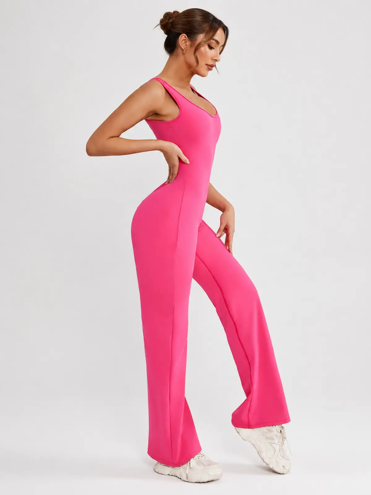 Pavilion Drift Sleeveless Open-Back Flared-Leg Yoga Jumpsuit — bright pink — authoritative variation match