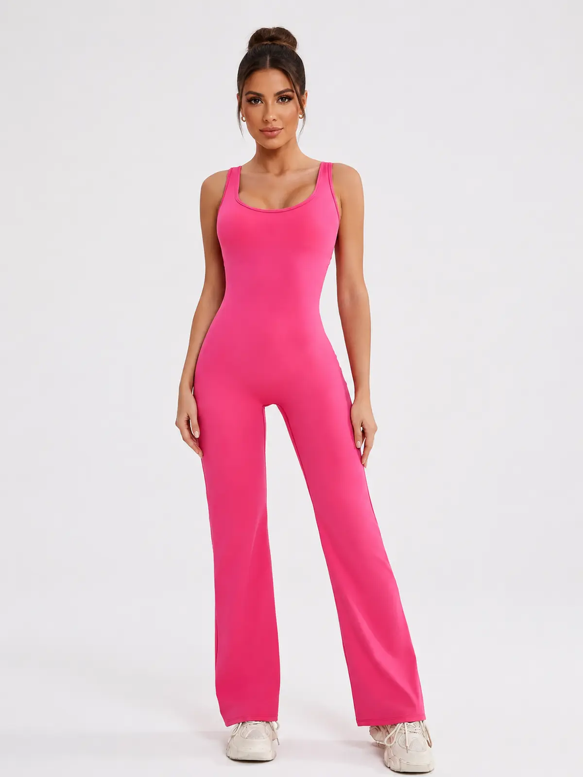 Pavilion Drift Sleeveless Open-Back Flared-Leg Yoga Jumpsuit — bright pink — authoritative variation match