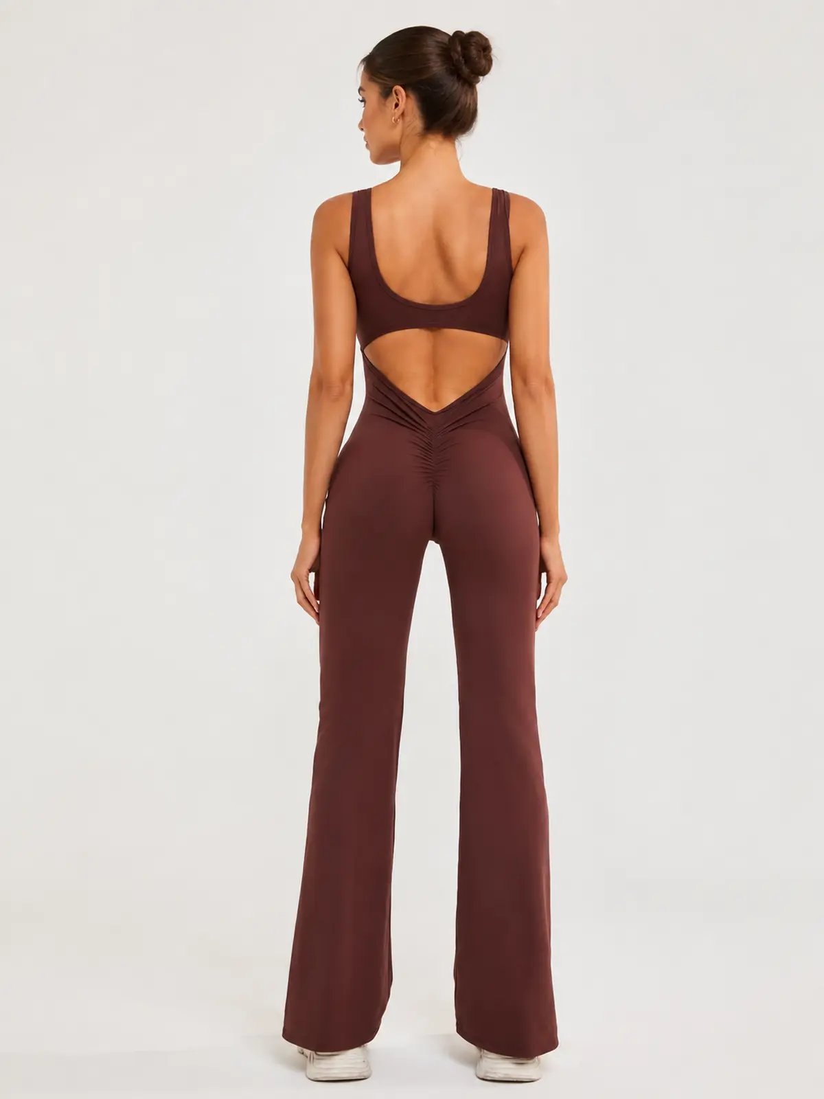 Pavilion Drift Sleeveless Open-Back Flared-Leg Yoga Jumpsuit — brown — authoritative variation image