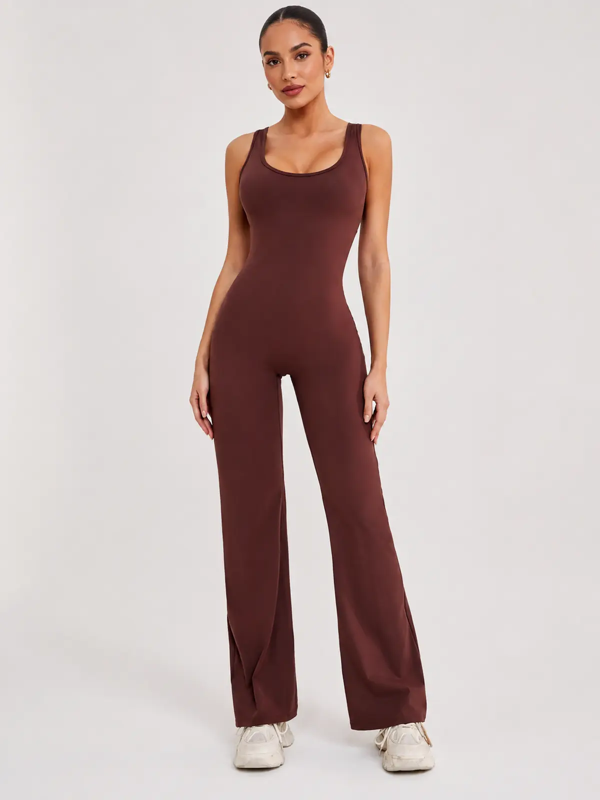 Pavilion Drift Sleeveless Open-Back Flared-Leg Yoga Jumpsuit — brown — authoritative variation match