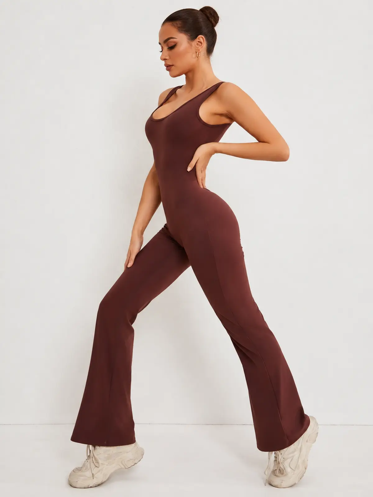 Pavilion Drift Sleeveless Open-Back Flared-Leg Yoga Jumpsuit — brown — authoritative variation match