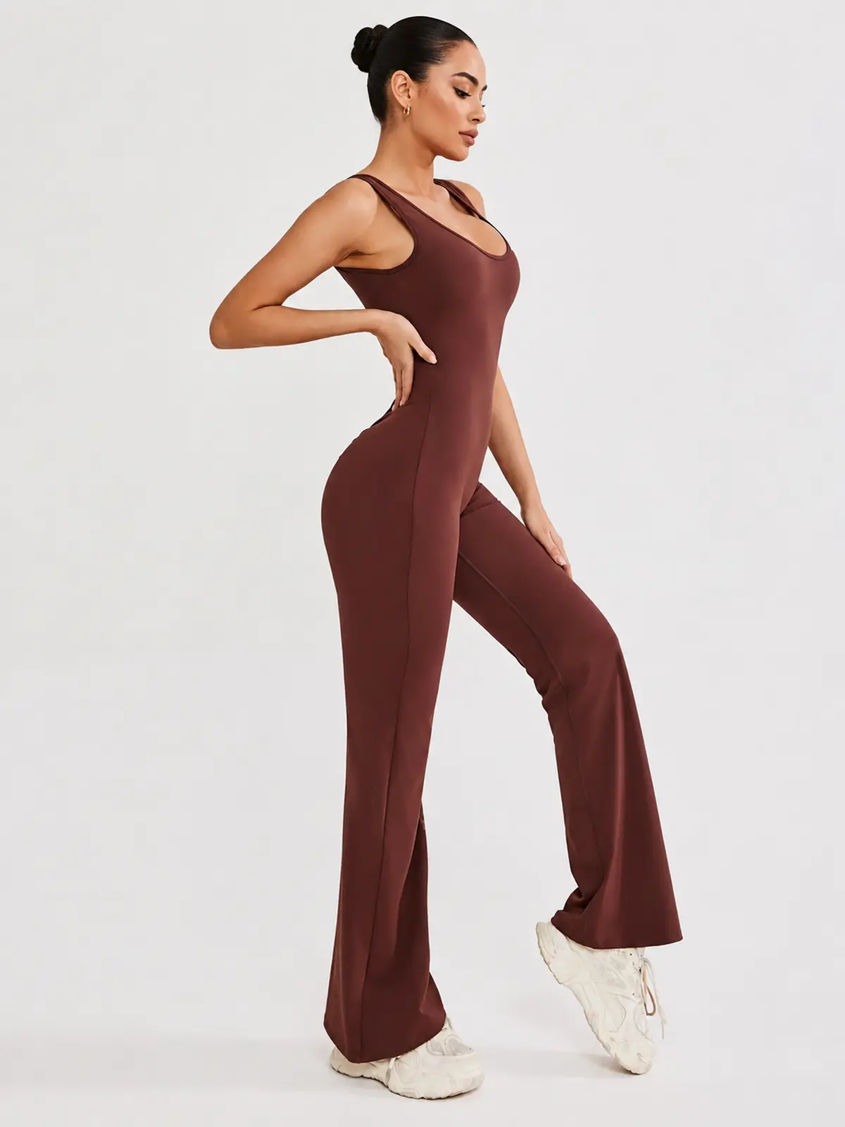 Pavilion Drift Sleeveless Open-Back Flared-Leg Yoga Jumpsuit — brown — authoritative variation match