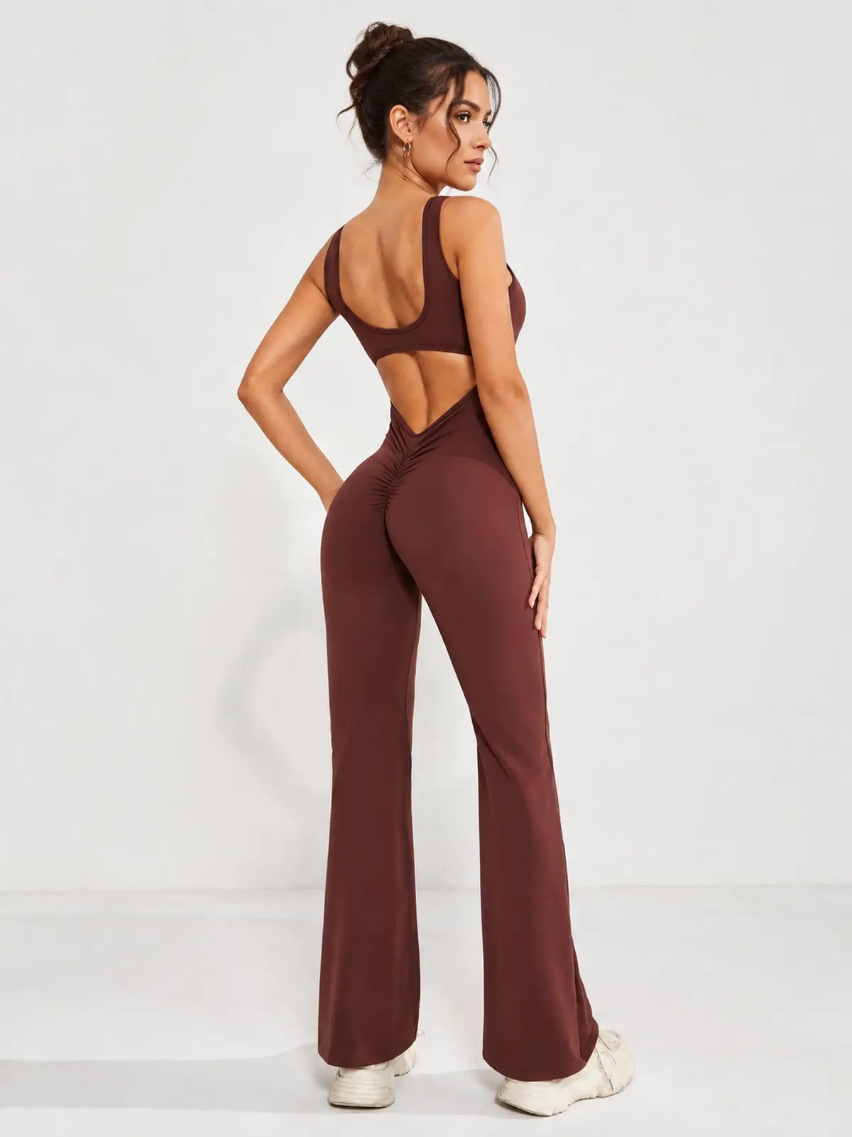 Pavilion Drift Sleeveless Open-Back Flared-Leg Yoga Jumpsuit — brown — authoritative variation match