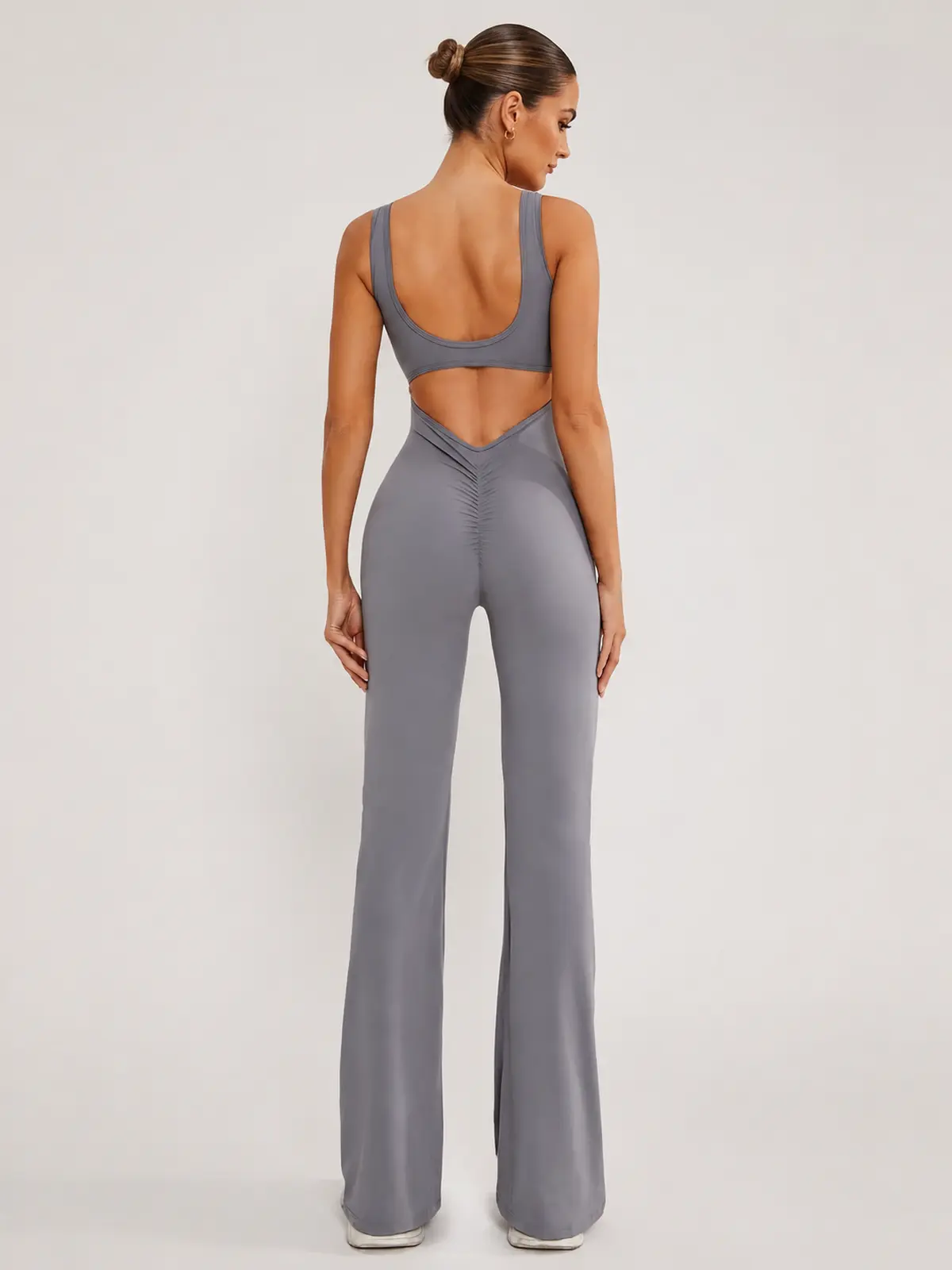 Pavilion Drift Sleeveless Open-Back Flared-Leg Yoga Jumpsuit — dark gray — authoritative variation image