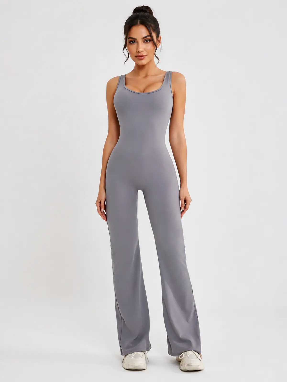 Pavilion Drift Sleeveless Open-Back Flared-Leg Yoga Jumpsuit — dark gray — authoritative variation match
