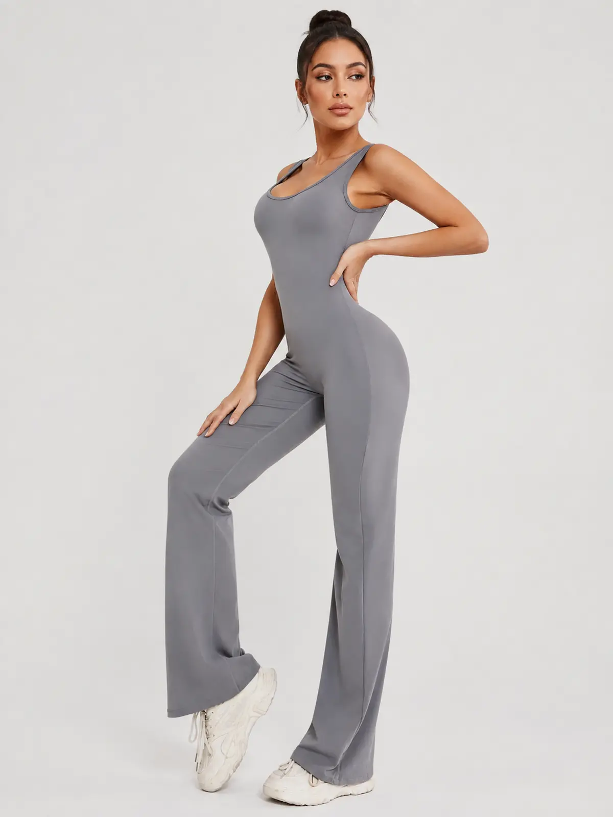 Pavilion Drift Sleeveless Open-Back Flared-Leg Yoga Jumpsuit — dark gray — authoritative variation match