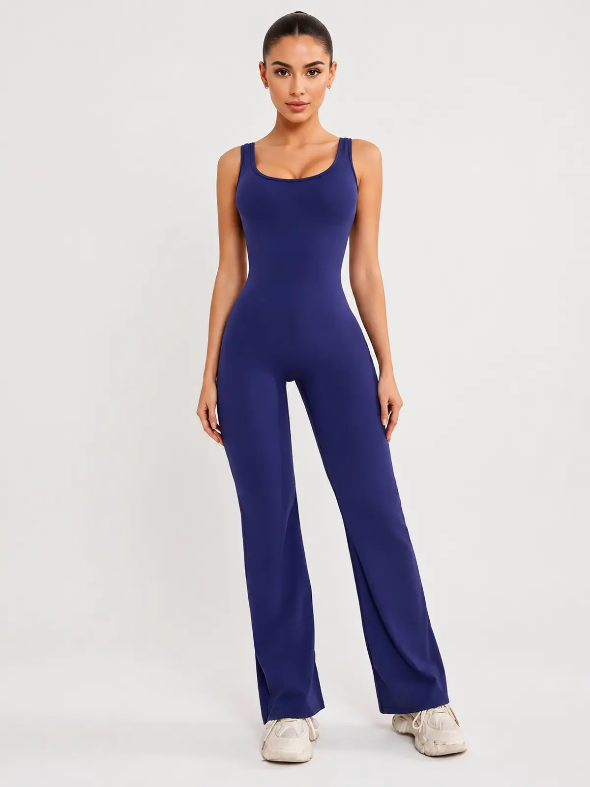 Pavilion Drift Sleeveless Open-Back Flared-Leg Yoga Jumpsuit — navy blue — authoritative variation match