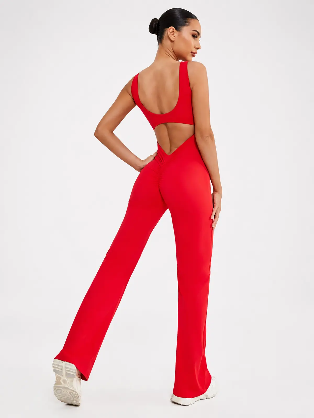 Pavilion Drift Sleeveless Open-Back Flared-Leg Yoga Jumpsuit — red — authoritative variation image