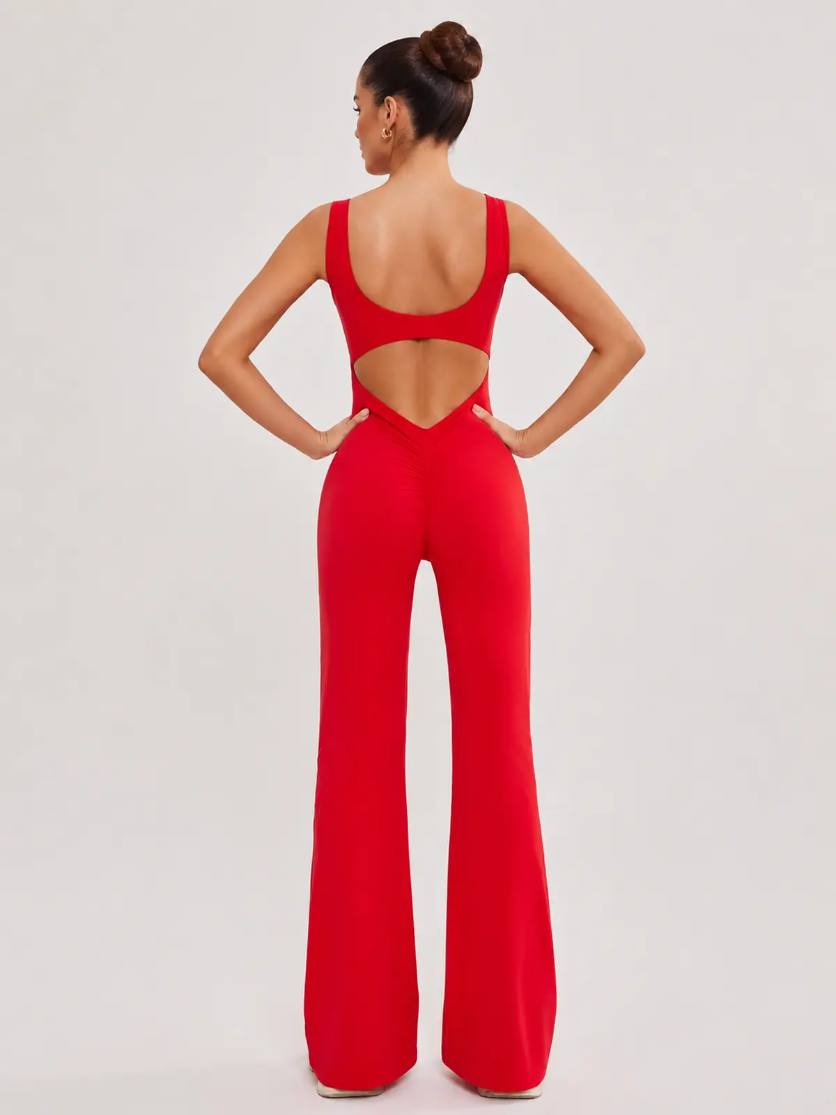 Pavilion Drift Sleeveless Open-Back Flared-Leg Yoga Jumpsuit — red — authoritative variation match