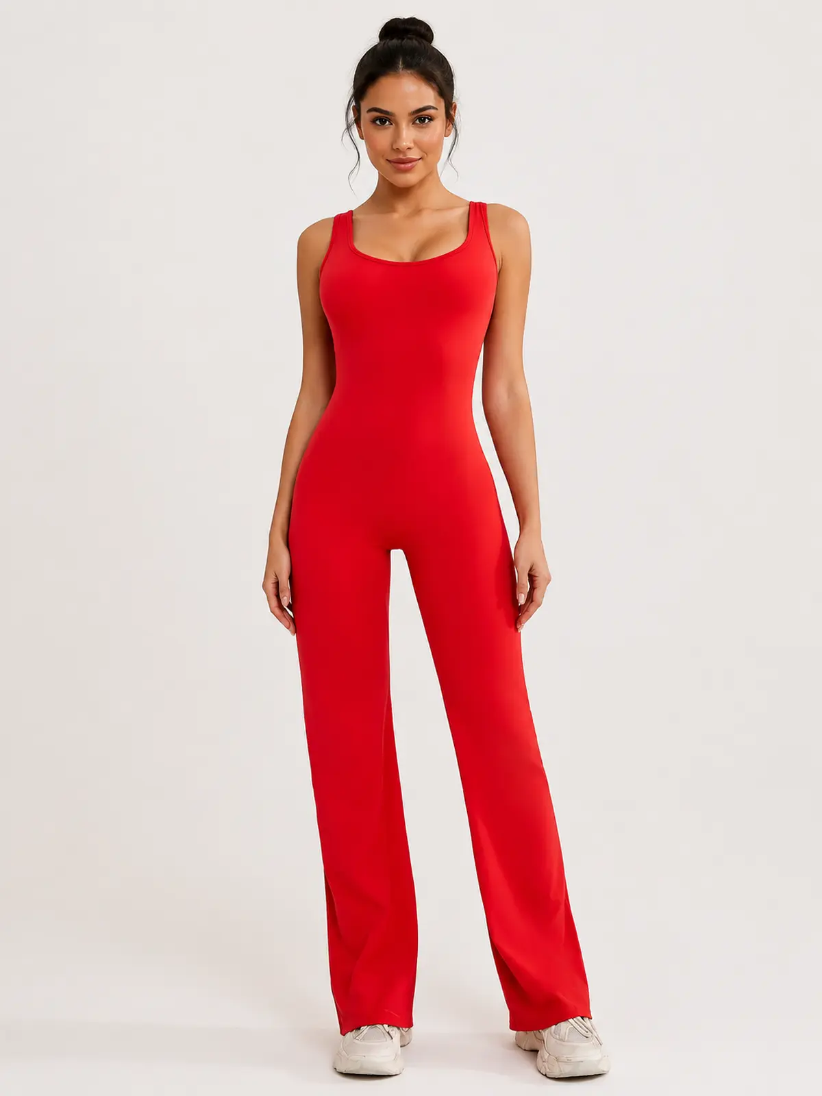 Pavilion Drift Sleeveless Open-Back Flared-Leg Yoga Jumpsuit — red — authoritative variation match