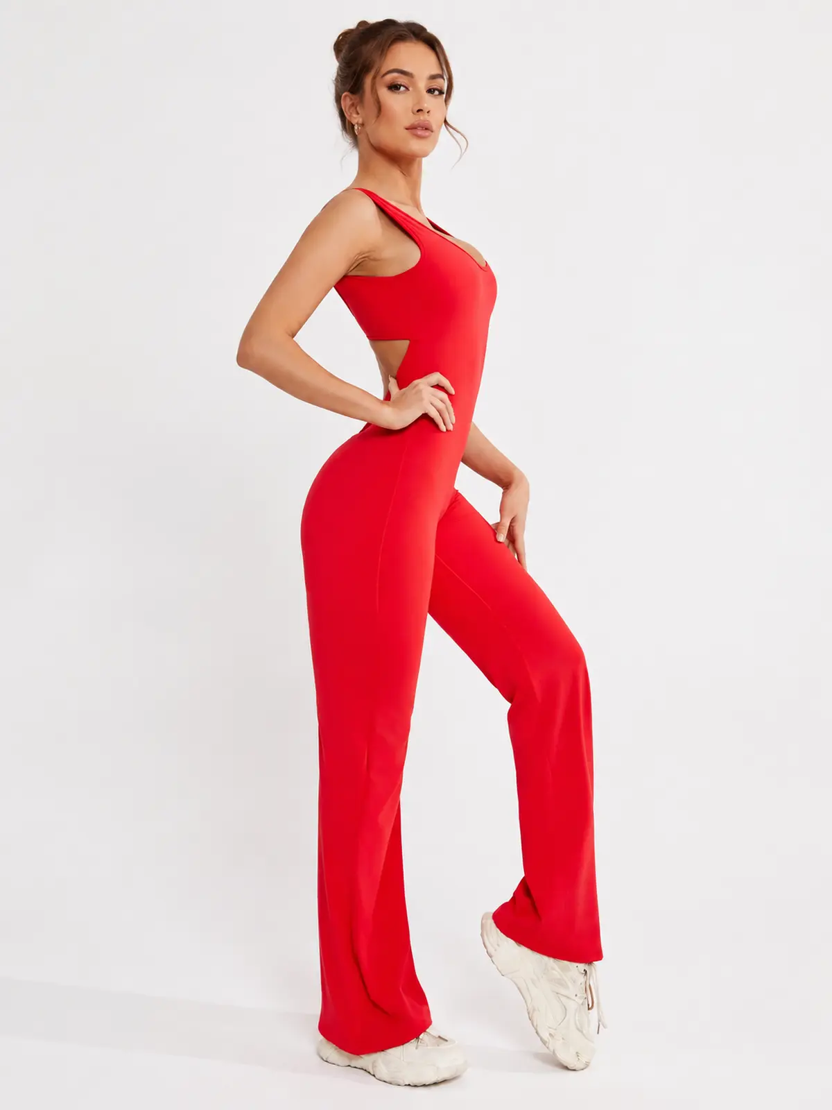 Pavilion Drift Sleeveless Open-Back Flared-Leg Yoga Jumpsuit — red — authoritative variation match