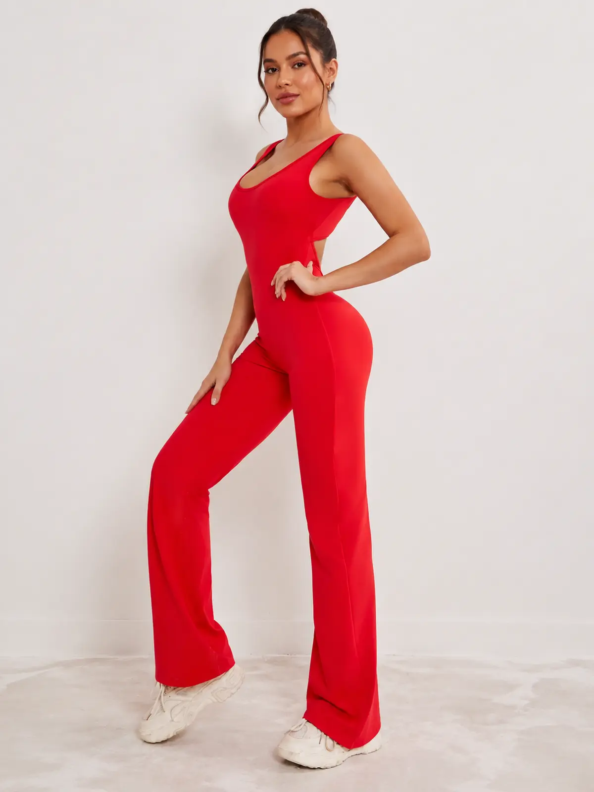 Pavilion Drift Sleeveless Open-Back Flared-Leg Yoga Jumpsuit — red — authoritative variation match