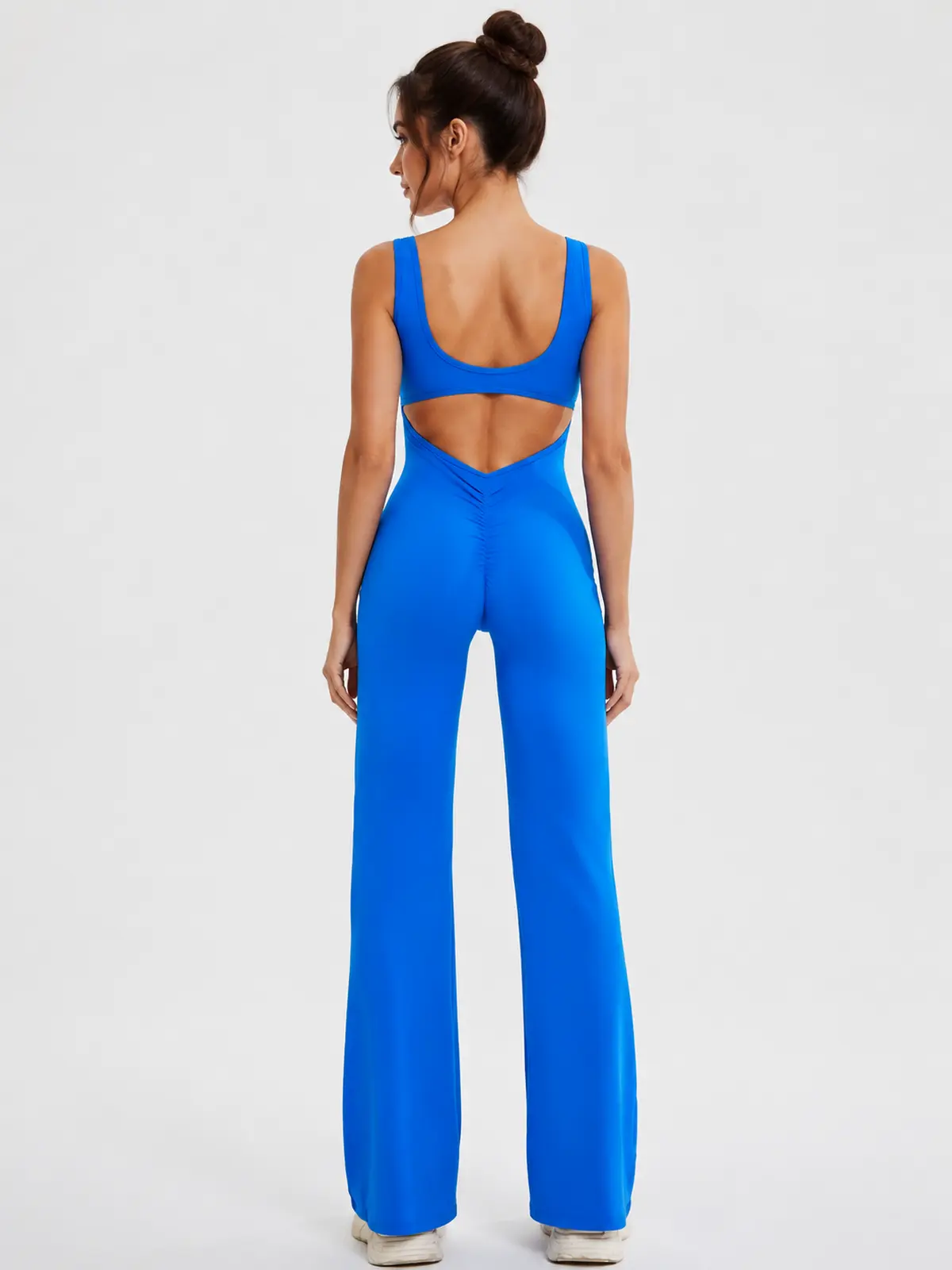 Pavilion Drift Sleeveless Open-Back Flared-Leg Yoga Jumpsuit — royal blue — authoritative variation match