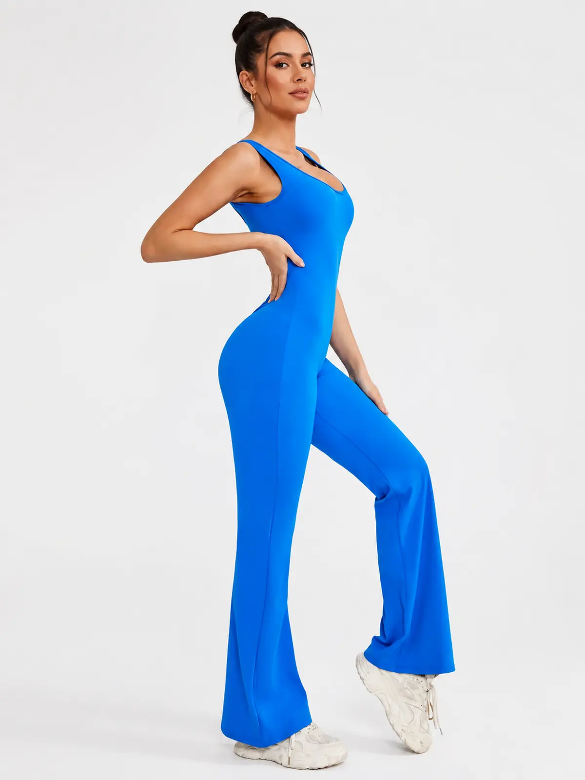 Pavilion Drift Sleeveless Open-Back Flared-Leg Yoga Jumpsuit — royal blue — authoritative variation match