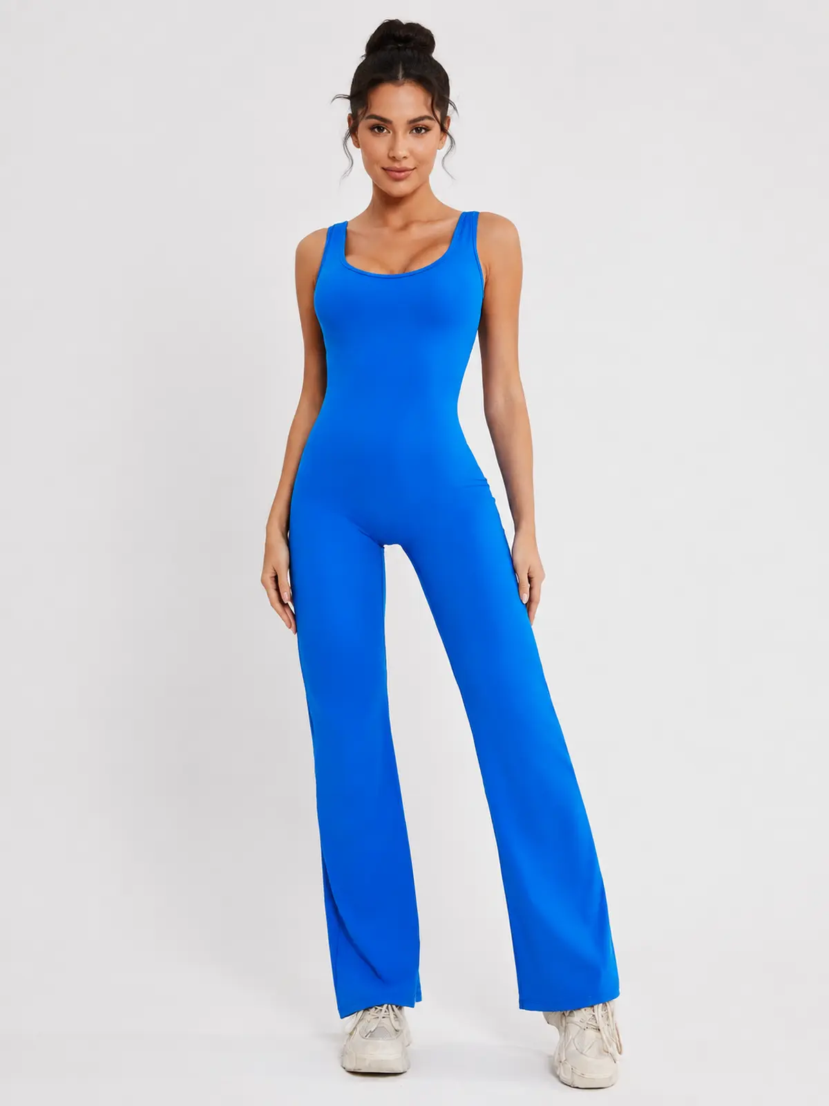 Pavilion Drift Sleeveless Open-Back Flared-Leg Yoga Jumpsuit — royal blue — authoritative variation match
