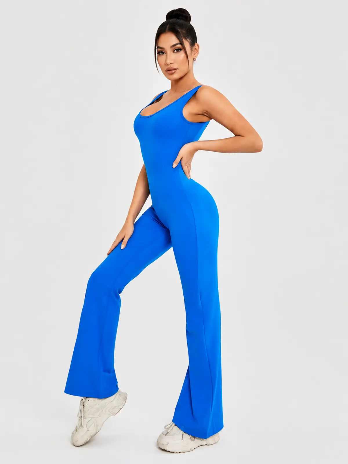 Pavilion Drift Sleeveless Open-Back Flared-Leg Yoga Jumpsuit — royal blue — authoritative variation match