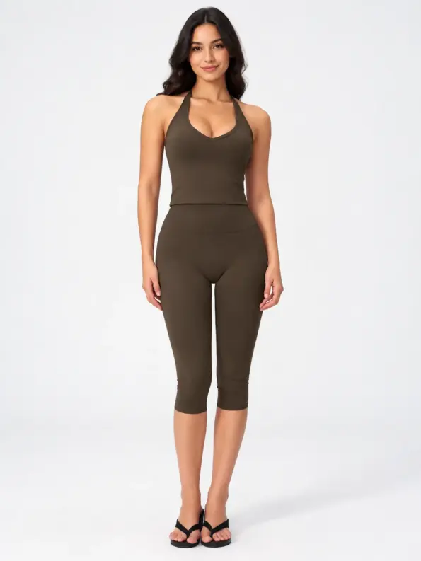Pebble Interval Halter Crop Top and Capri Leggings Set — dark olive brown — general — authoritative variation image