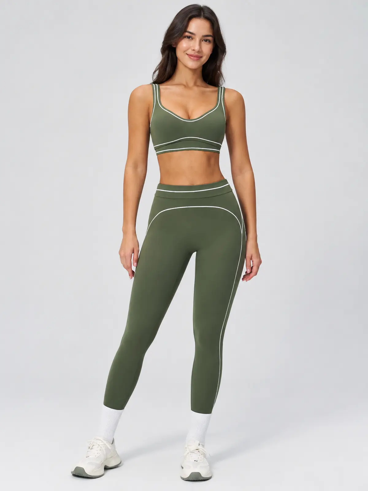 Radian Loom Sports Bra and Full-Length Leggings Set — moss green with white contrast piping — general — authoritative variation image