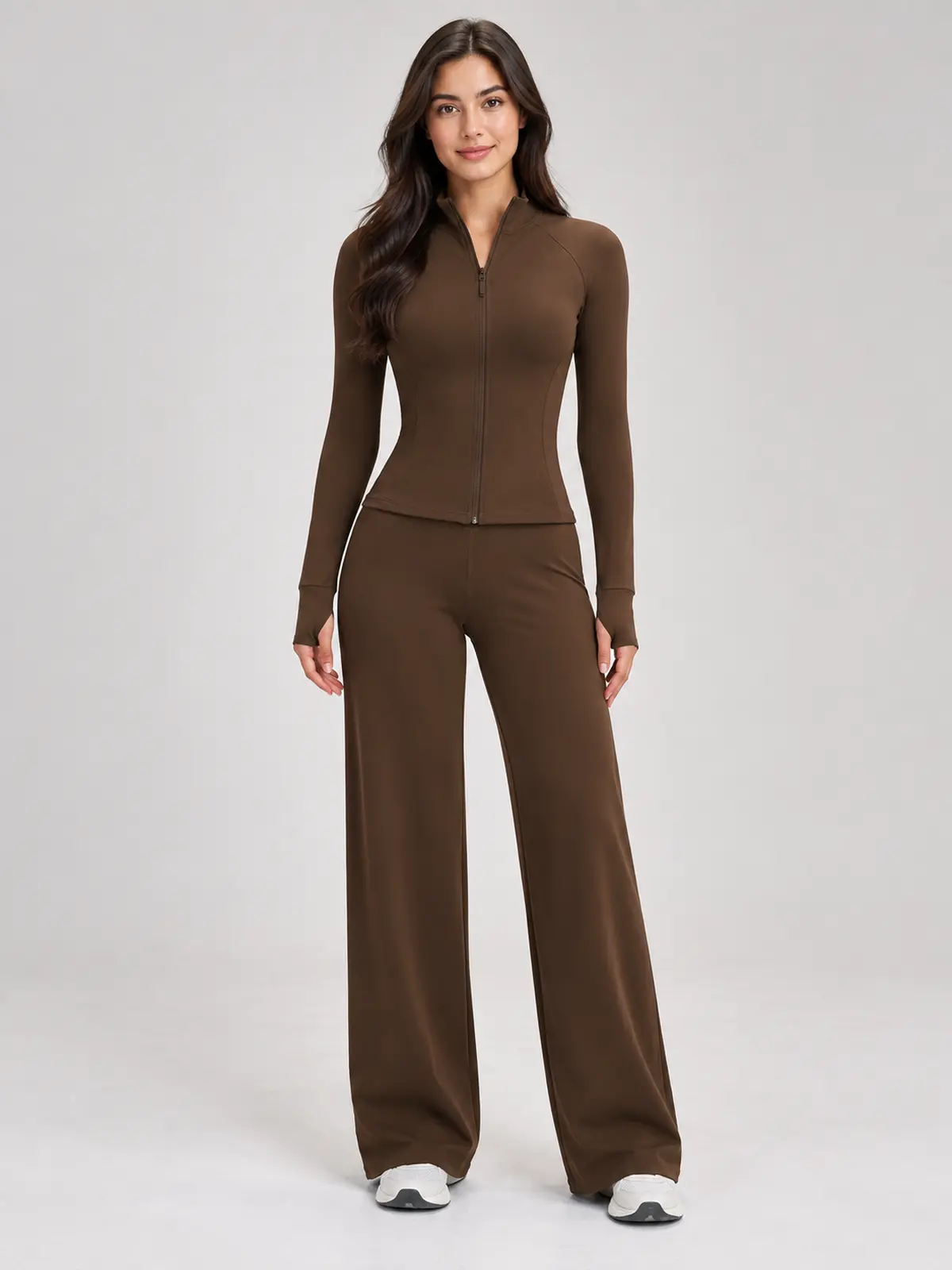 Ridgeway Folio Zip-Front Jacket and Flare Leggings Set — dark coffee brown — general — authoritative variation match