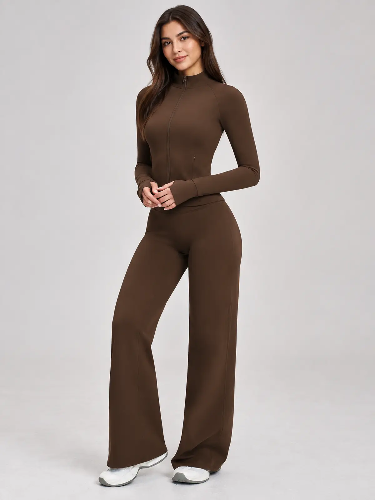 Ridgeway Folio Zip-Front Jacket and Flare Leggings Set — dark coffee brown — general — authoritative variation match