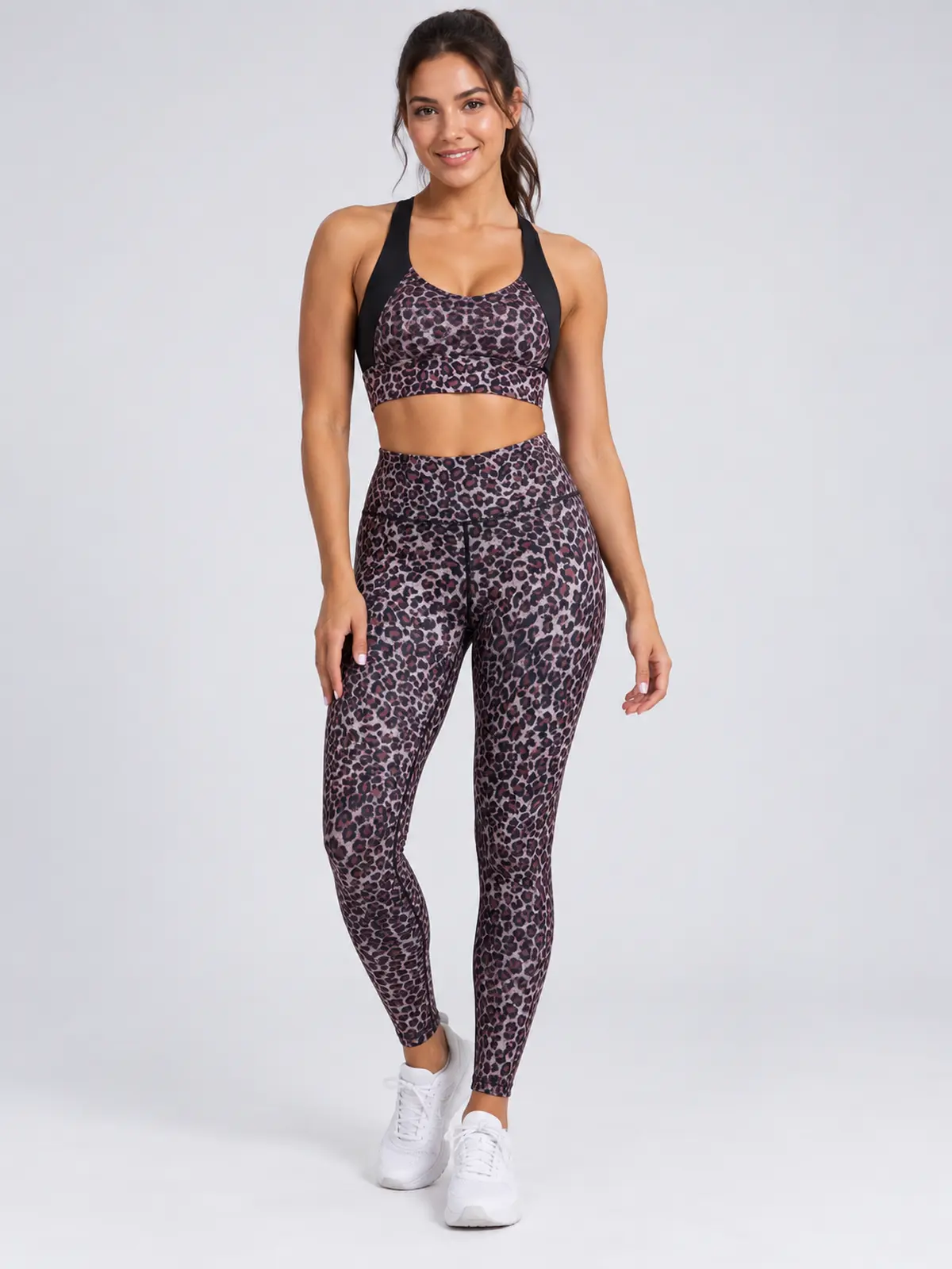 Rookfield Arc Racerback Sports Bra and Leopard-Print Leggings Set — purple leopard print — authoritative variation match