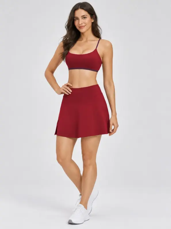 Sable Quill Scoop-Neck Sports Bra and A-Line Skirt Set — deep burgundy red with dark purple trim — general — authoritative variation image