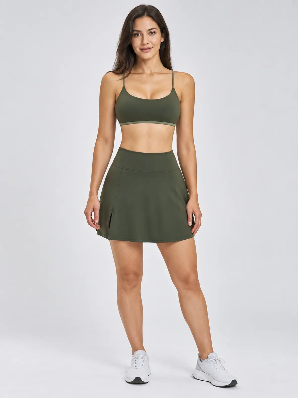 Sable Quill Scoop-Neck Sports Bra and A-Line Skirt Set — moss green — general — authoritative variation image