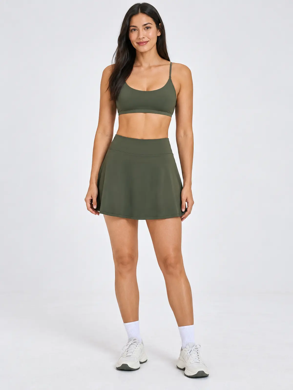 Sable Quill Scoop-Neck Sports Bra and A-Line Skirt Set — moss green — general — authoritative variation match