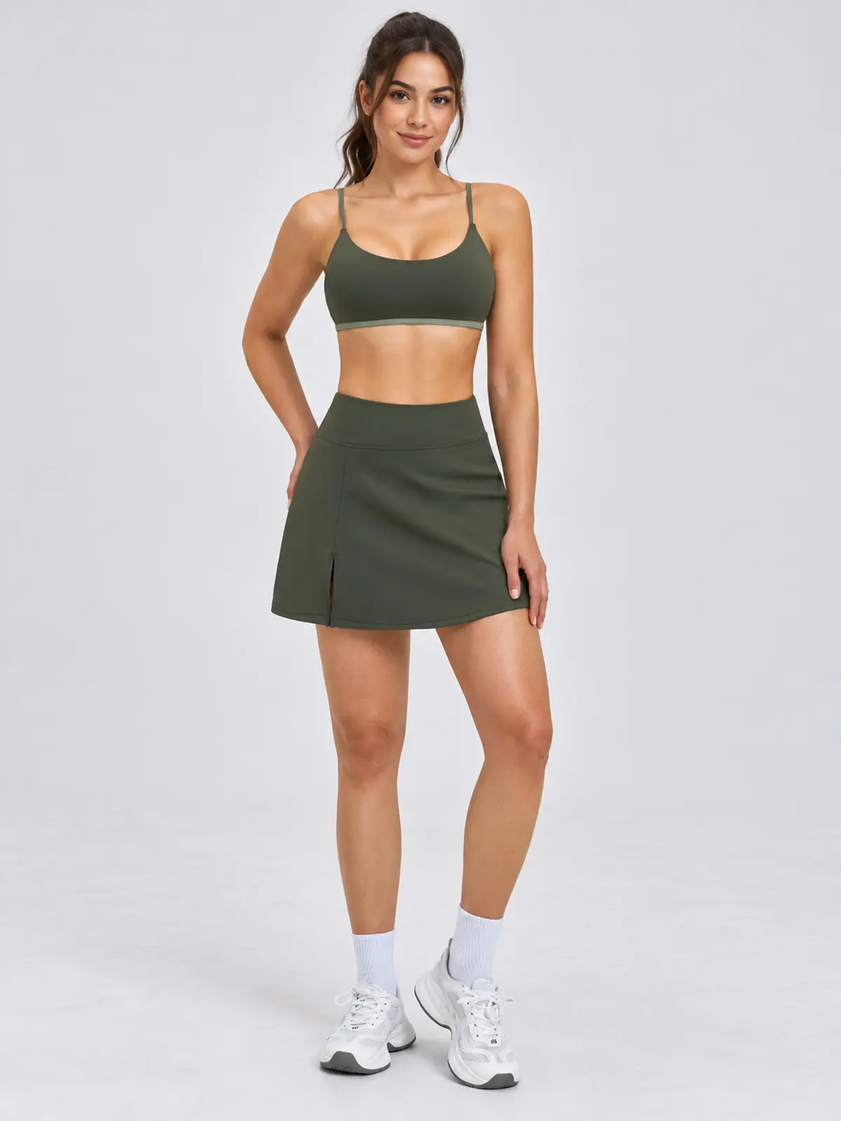 Sable Quill Scoop-Neck Sports Bra and A-Line Skirt Set — moss green — general — authoritative variation match