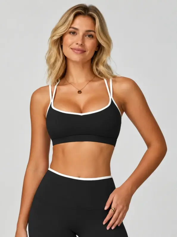 Sagebound Contrast-Trim Scoop-Neck Sports Bra — black with white trim — sports-bra — authoritative variation image