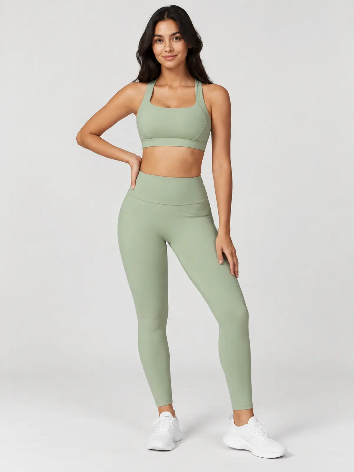Sagebound Relay Scoop-Neck Sports Bra — pale sage green — general — authoritative variation match