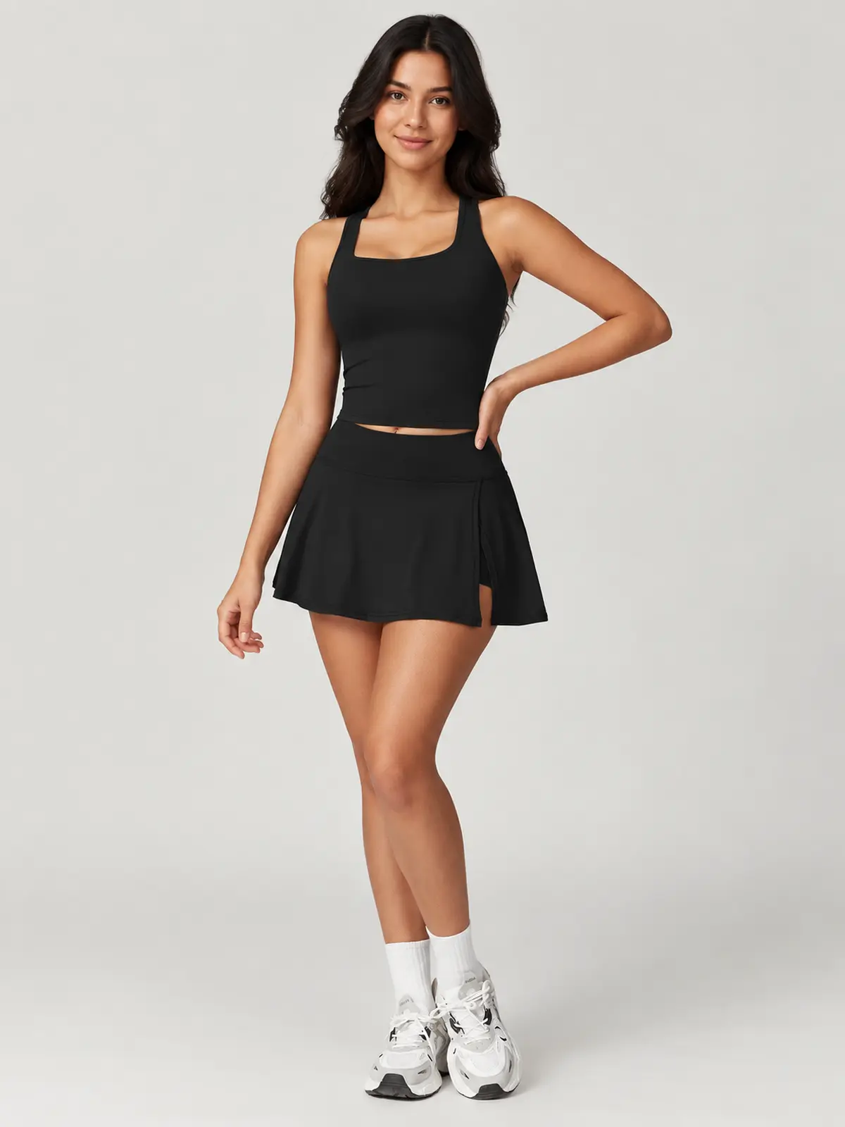 Silver Terrace Sleeveless Square-Neck Top and Flared Skort Set — black — general — authoritative variation match
