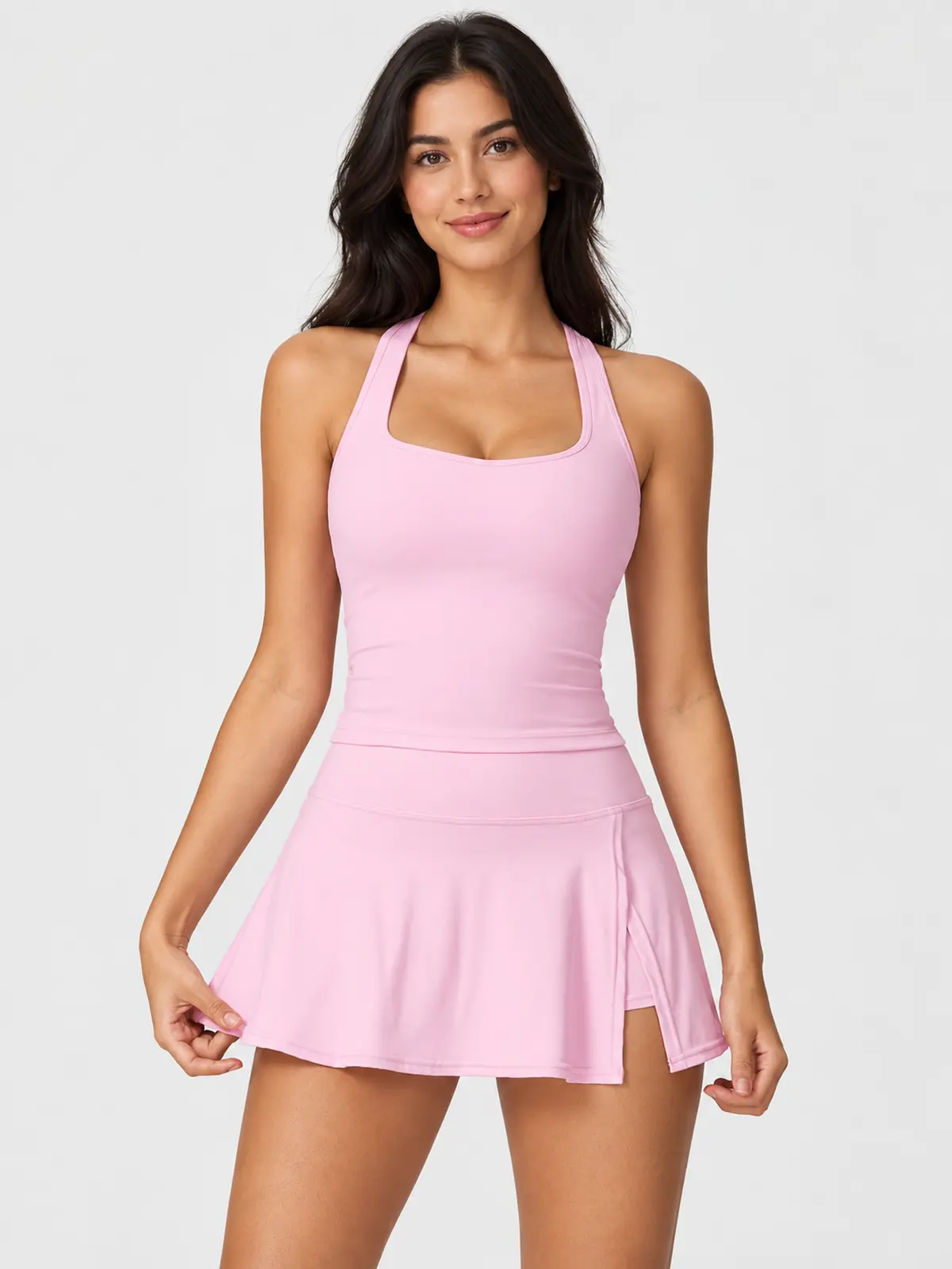 Silver Terrace Sleeveless Square-Neck Top and Flared Skort Set — light pink — general — authoritative variation match